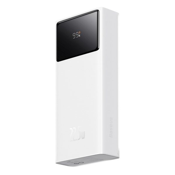 Powerbank 20000mAh USB-A USB-C ar displeja kabeli 22.5W - balts
