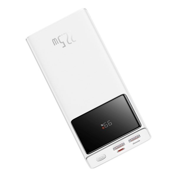 Powerbank 20000mAh USB-A USB-C ar displeja kabeli 22.5W - balts