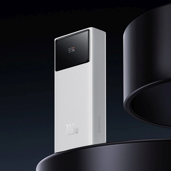 Powerbank 20000mAh USB-A USB-C ar displeja kabeli 22.5W - balts