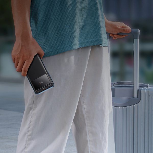Powerbank 10000mAh USB-A USB-C ar displeja kabeli 22.5W - melns