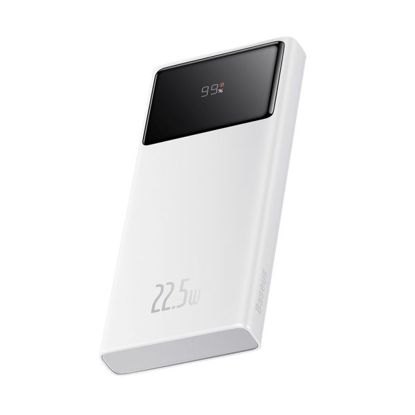 Powerbank 10000mAh USB-A USB-C ar displeja kabeli 22.5W - balts