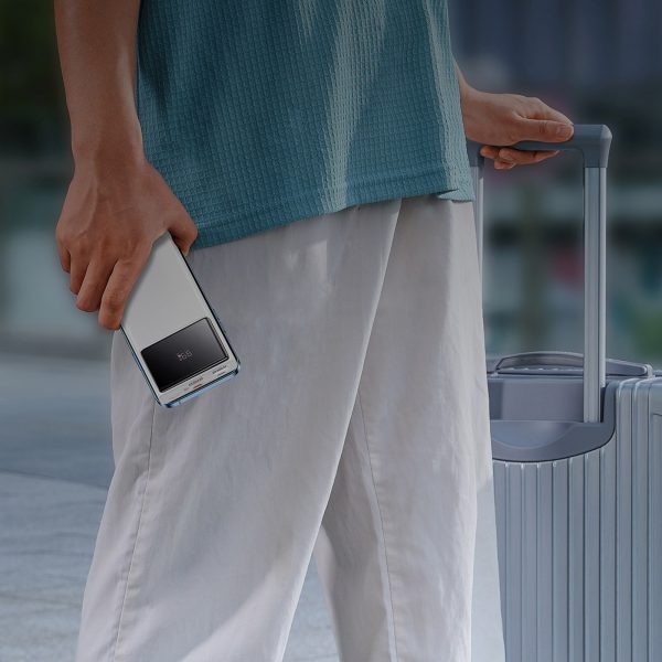 Powerbank 10000mAh USB-A USB-C ar displeja kabeli 22.5W - balts