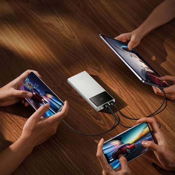 Powerbank 10000mAh USB-A USB-C ar displeja kabeli 22.5W - balts