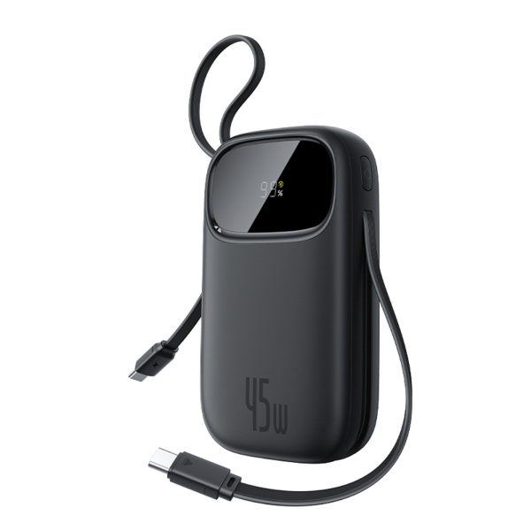Powerbank 20000mAh USB-A USB-C ar displeju un 2 iebūvētiem kabeļiem 45W - melns
