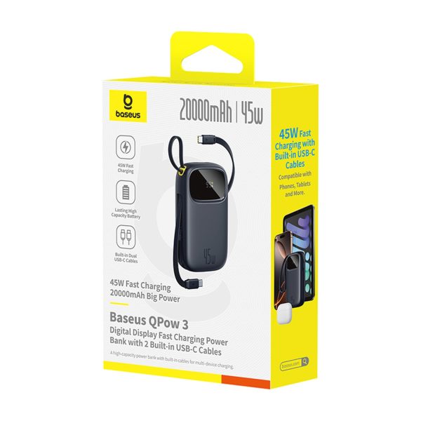 Powerbank 20000mAh USB-A USB-C ar displeju un 2 iebūvētiem kabeļiem 45W - melns