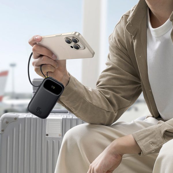 Powerbank 20000mAh USB-A USB-C ar displeju un 2 iebūvētiem kabeļiem 45W - melns