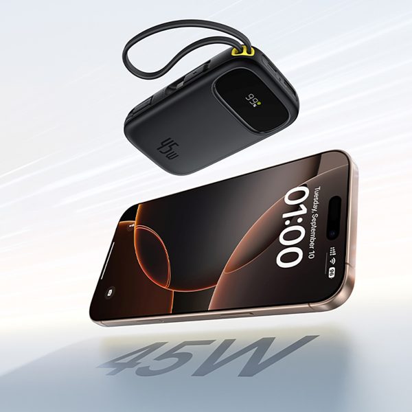 Powerbank 20000mAh USB-A USB-C ar displeju un 2 iebūvētiem kabeļiem 45W - melns
