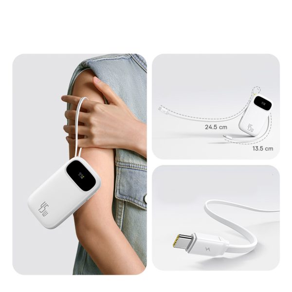Powerbank 20000mAh USB-A USB-C ar displeju un 2 iebūvētiem kabeļiem 45W - balts