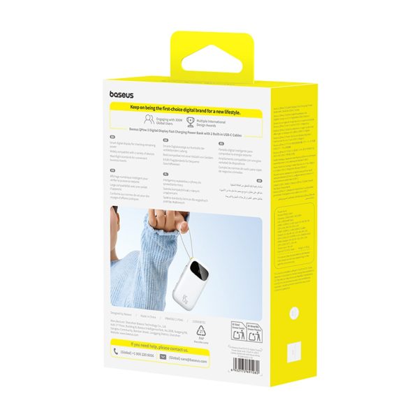 Powerbank 20000mAh USB-A USB-C ar displeju un 2 iebūvētiem kabeļiem 45W - balts
