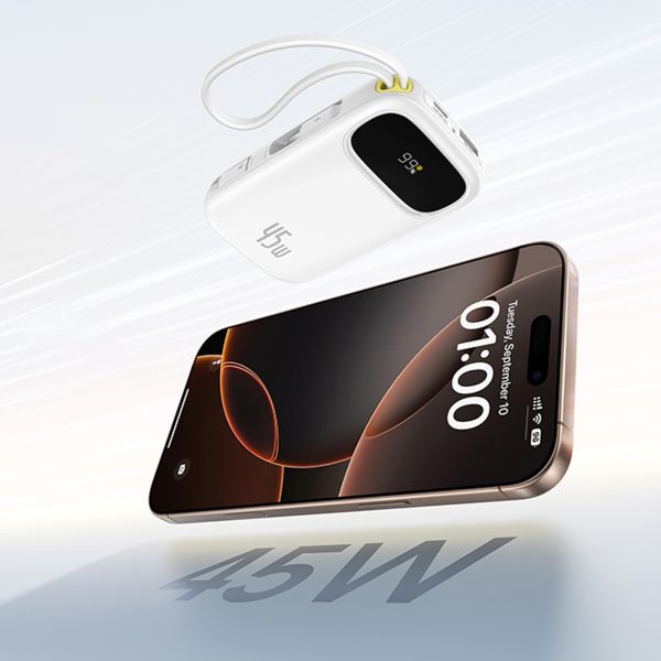 Powerbank 20000mAh USB-A USB-C ar displeju un 2 iebūvētiem kabeļiem 45W - balts