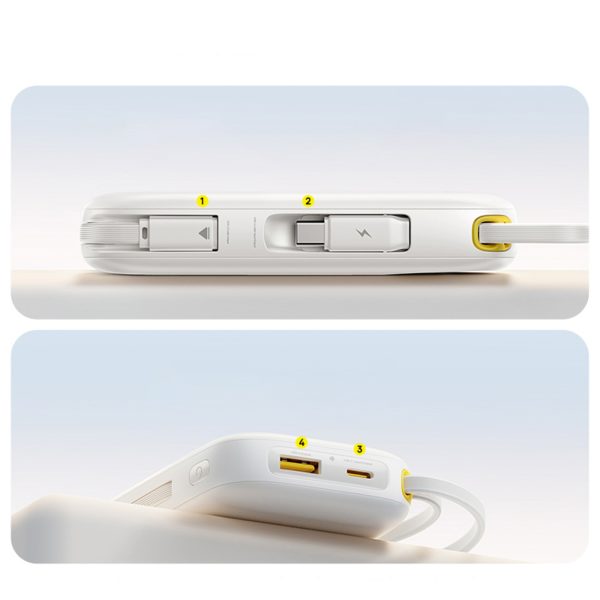 Powerbank 20000mAh USB-A USB-C ar displeju un 2 iebūvētiem kabeļiem 45W - balts