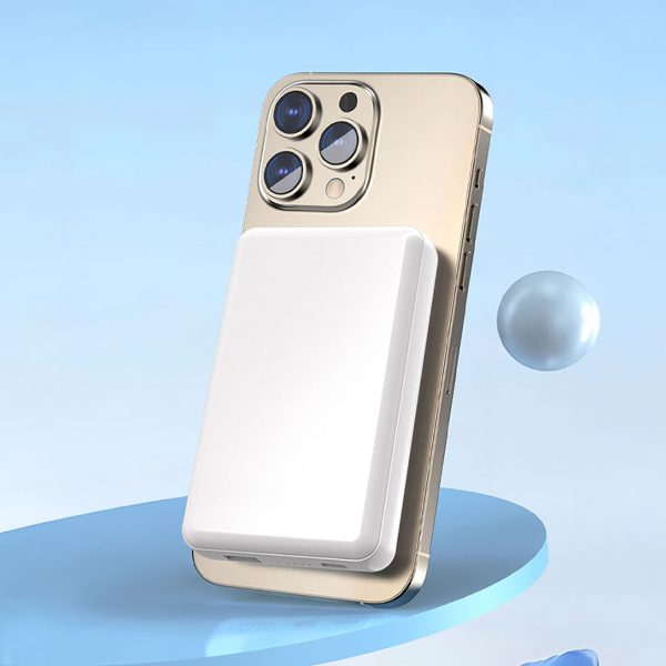 K14S 5000mAh magnētiskais pārnēsājamais akumulators USB-A USB-C 20W - balts