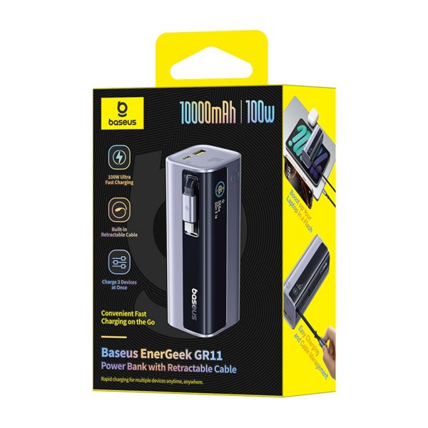 EnerGeek GR11 10000mAh pārnēsājamais akumulators ar ievelkamu kabeli 100W - pelēks