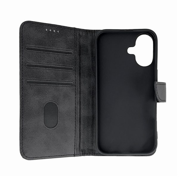 iPhone 16 ādas maciņš ar vāku - melns