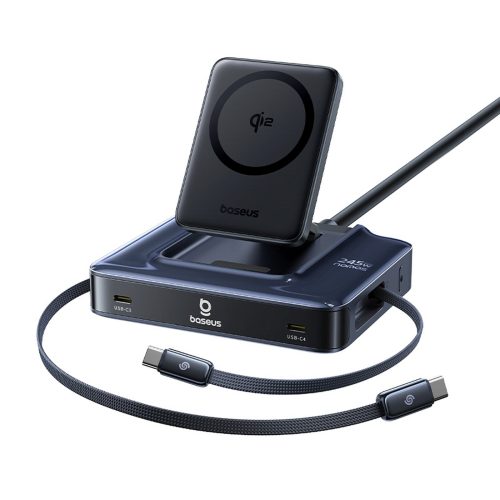 6-in-1 bezvadu uzlādes stacija ar ievelkamiem USB-C kabeļiem 245W - melna