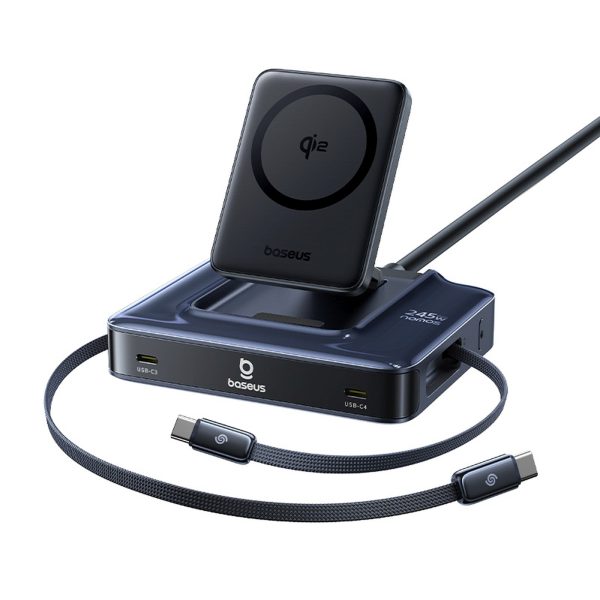 6-in-1 bezvadu uzlādes stacija ar ievelkamiem USB-C kabeļiem 245W - melna