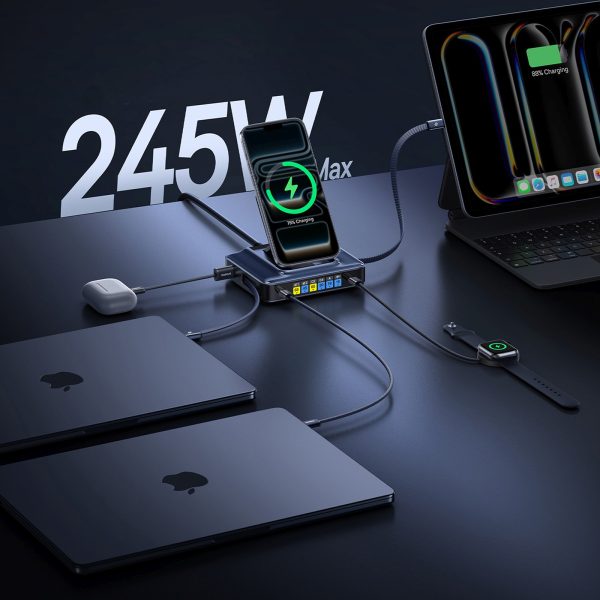6-in-1 bezvadu uzlādes stacija ar ievelkamiem USB-C kabeļiem 245W - melna