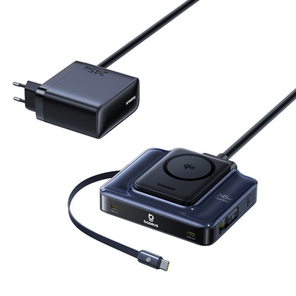 6-in-1 bezvadu uzlādes stacija ar ievelkamiem USB-C kabeļiem 245W - melna