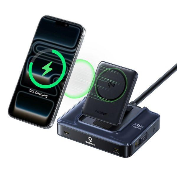 6-in-1 bezvadu uzlādes stacija ar ievelkamiem USB-C kabeļiem 245W - melna