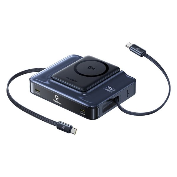 6-in-1 bezvadu uzlādes stacija ar ievelkamiem USB-C kabeļiem 245W - melna
