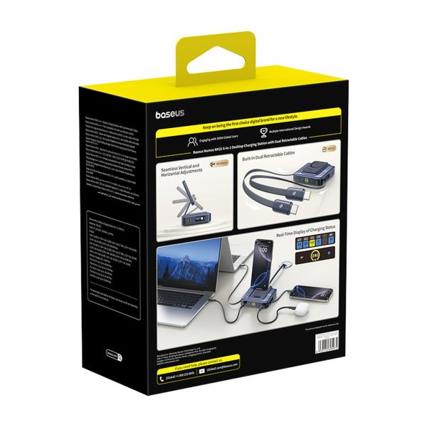 6-in-1 bezvadu uzlādes stacija ar ievelkamiem USB-C kabeļiem 245W - melna