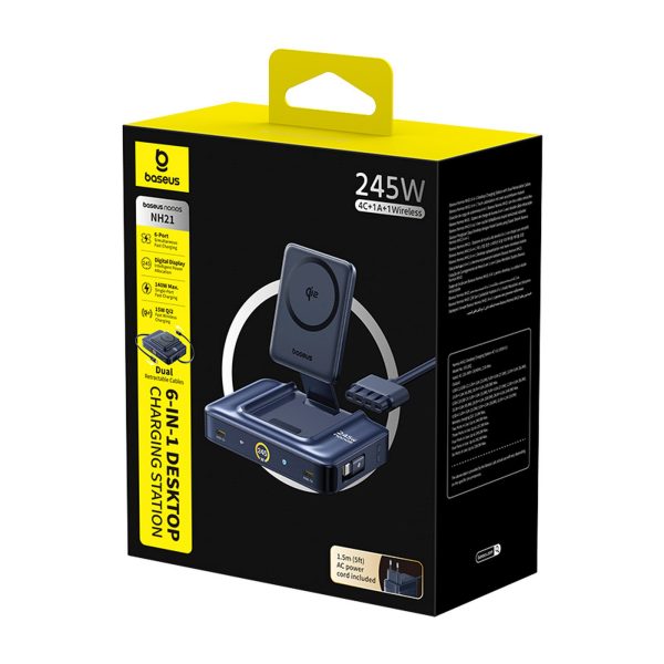6-in-1 bezvadu uzlādes stacija ar ievelkamiem USB-C kabeļiem 245W - melna