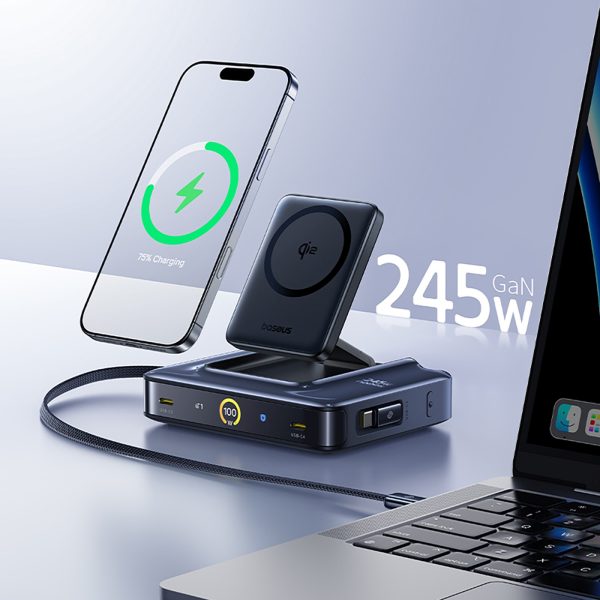 6-in-1 bezvadu uzlādes stacija ar ievelkamiem USB-C kabeļiem 245W - melna