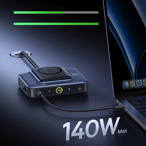 6-in-1 bezvadu uzlādes stacija ar ievelkamiem USB-C kabeļiem 245W - melna