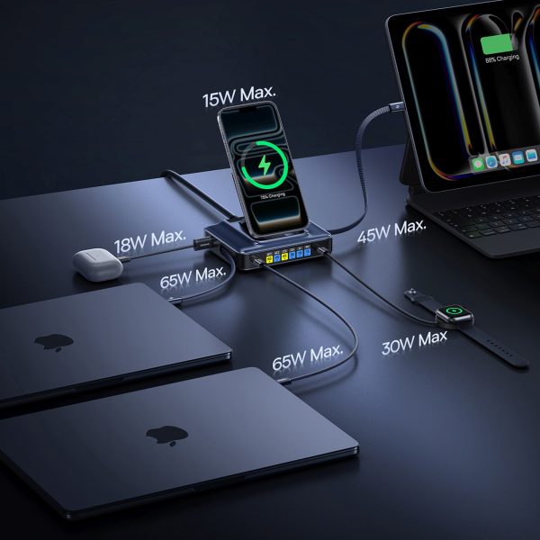 6-in-1 bezvadu uzlādes stacija ar ievelkamiem USB-C kabeļiem 245W - melna