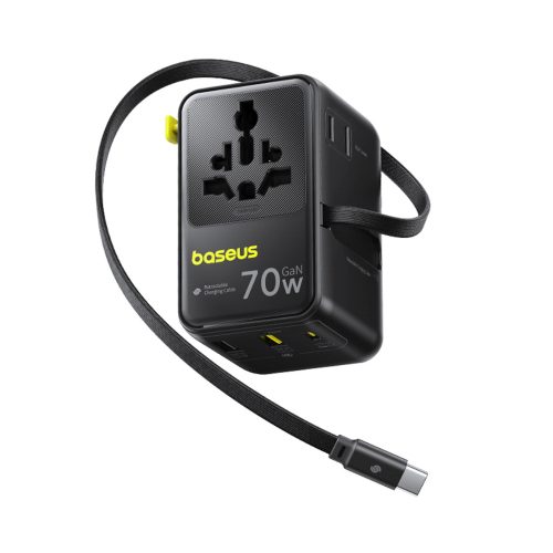 6-in-1 ceļojumu adapteris ar ievelkamu USB-C kabeli 70W - melns