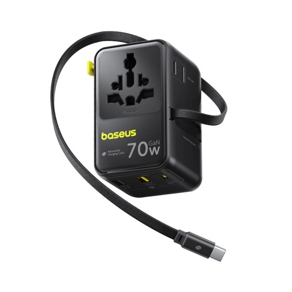 6-in-1 ceļojumu adapteris ar ievelkamu USB-C kabeli 70W - melns