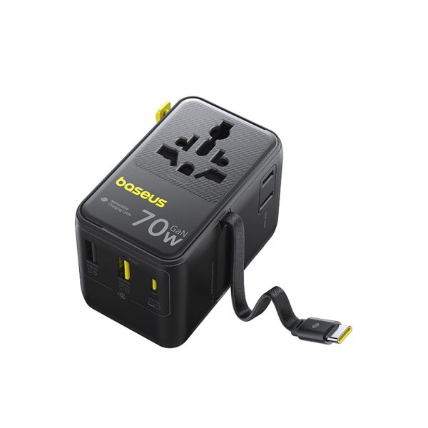 6-in-1 ceļojumu adapteris ar ievelkamu USB-C kabeli 70W - melns