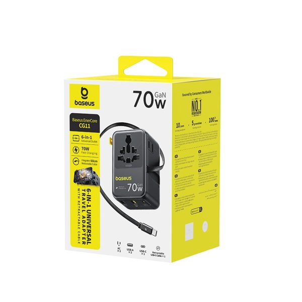 6-in-1 ceļojumu adapteris ar ievelkamu USB-C kabeli 70W - melns