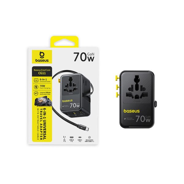 6-in-1 ceļojumu adapteris ar ievelkamu USB-C kabeli 70W - melns