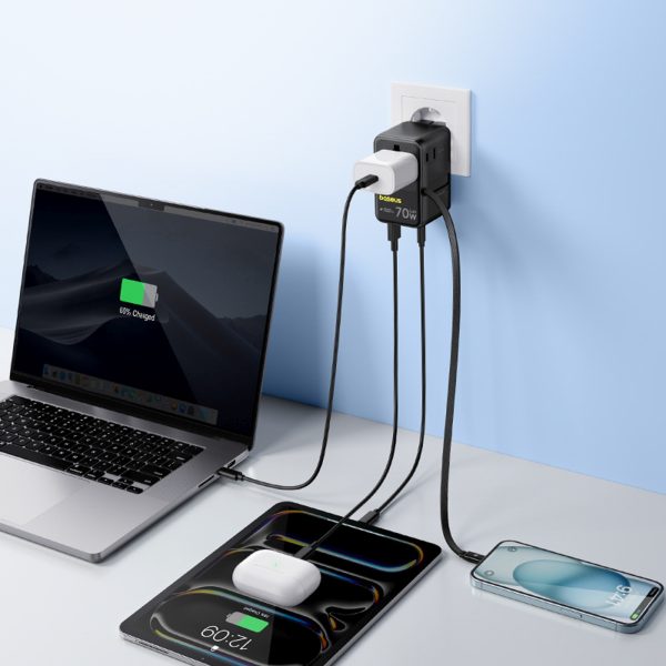 6-in-1 ceļojumu adapteris ar ievelkamu USB-C kabeli 70W - melns