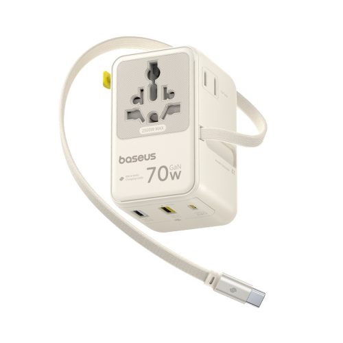 6-in-1 ceļojumu adapteris ar ievelkamu USB-C kabeli 70W - balts