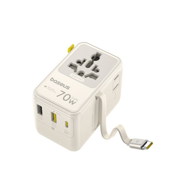 6-in-1 ceļojumu adapteris ar ievelkamu USB-C kabeli 70W - balts