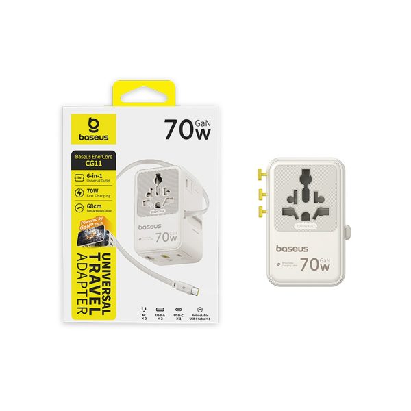 6-in-1 ceļojumu adapteris ar ievelkamu USB-C kabeli 70W - balts