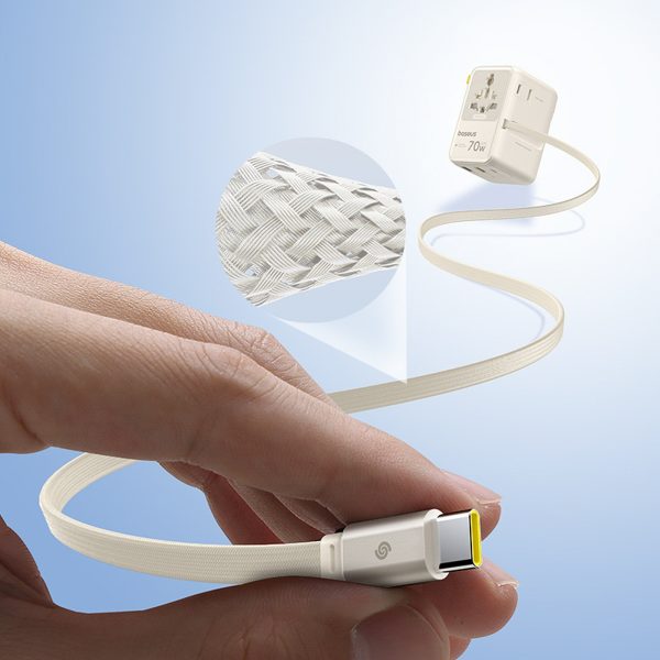 6-in-1 ceļojumu adapteris ar ievelkamu USB-C kabeli 70W - balts