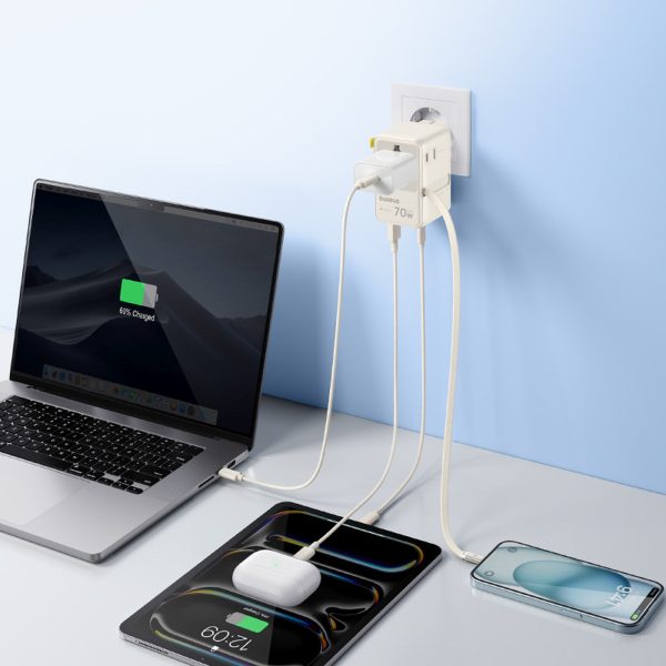 6-in-1 ceļojumu adapteris ar ievelkamu USB-C kabeli 70W - balts