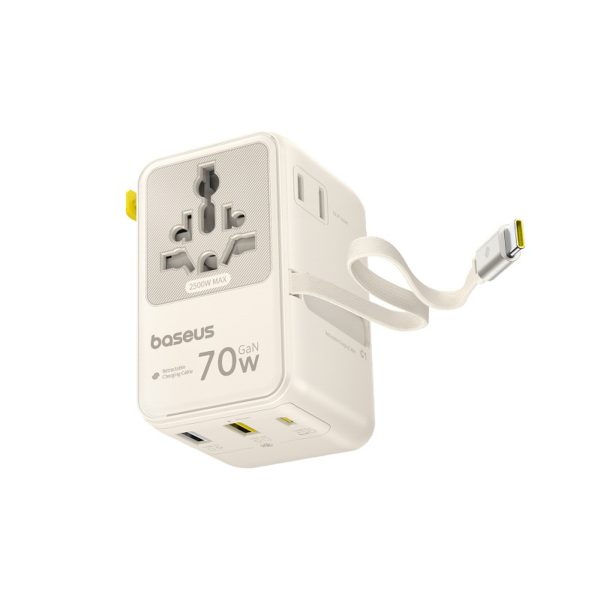 6-in-1 ceļojumu adapteris ar ievelkamu USB-C kabeli 70W - balts