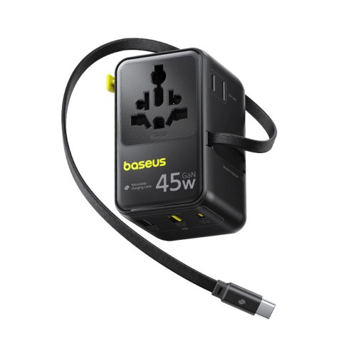 6-in-1 ceļojumu adapteris ar ievelkamu USB-C kabeli 45W - melns