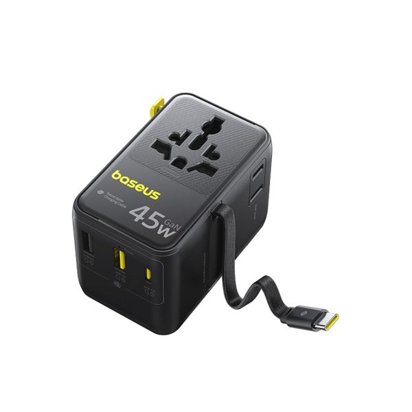 6-in-1 ceļojumu adapteris ar ievelkamu USB-C kabeli 45W - melns