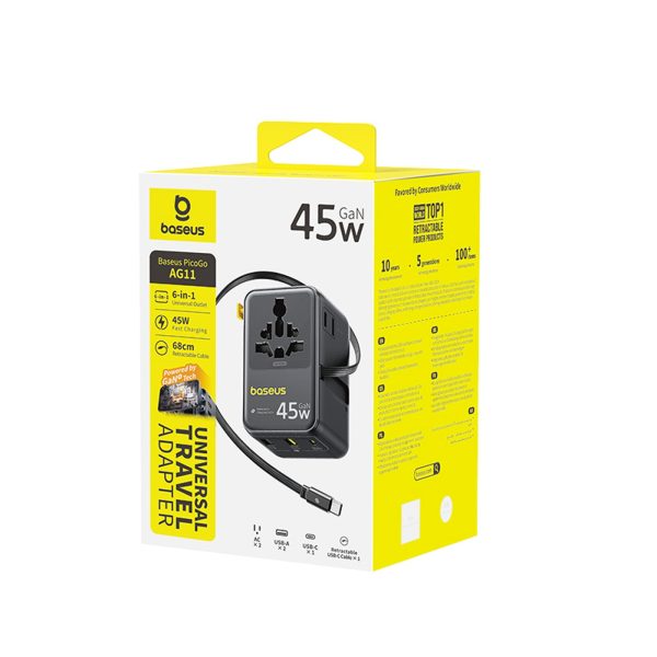 6-in-1 ceļojumu adapteris ar ievelkamu USB-C kabeli 45W - melns
