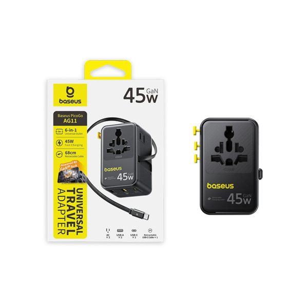 6-in-1 ceļojumu adapteris ar ievelkamu USB-C kabeli 45W - melns
