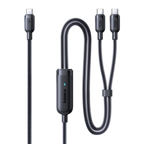 2-in-1 USB-C kabelis - 2x USB-C 140W 1,5 m - melns