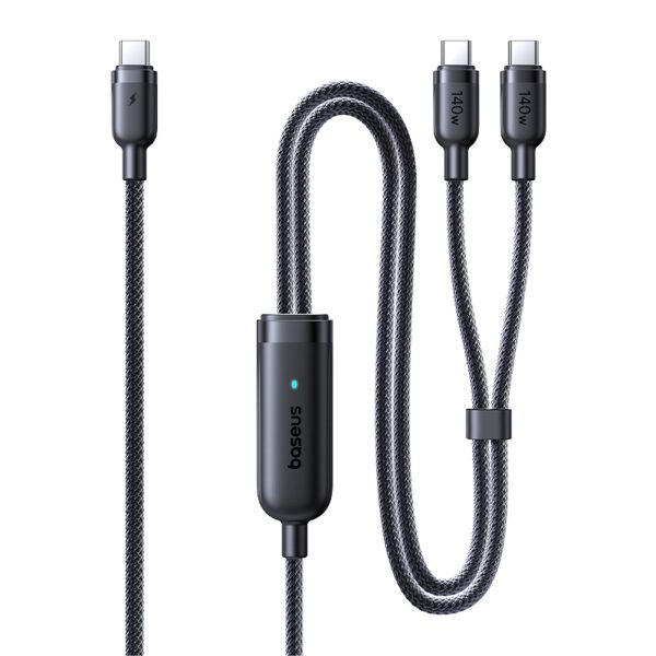 2-in-1 USB-C kabelis - 2x USB-C 140W 1,5 m - melns