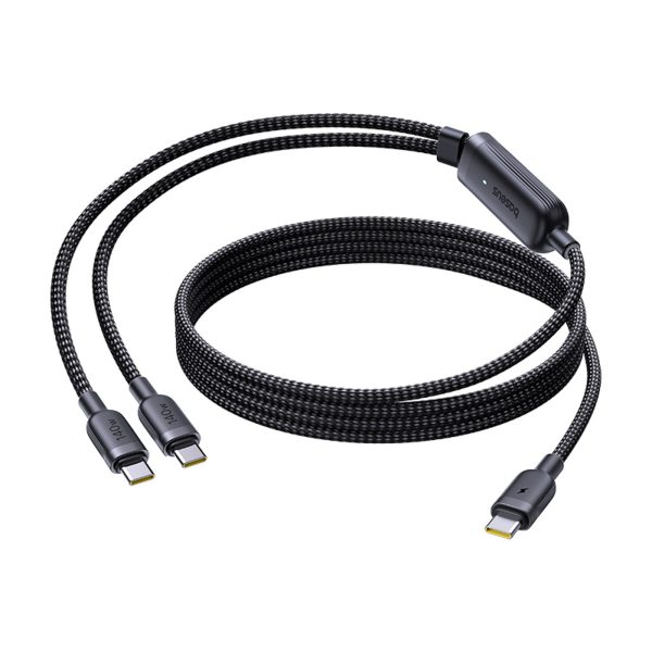 2-in-1 USB-C kabelis - 2x USB-C 140W 1,5 m - melns