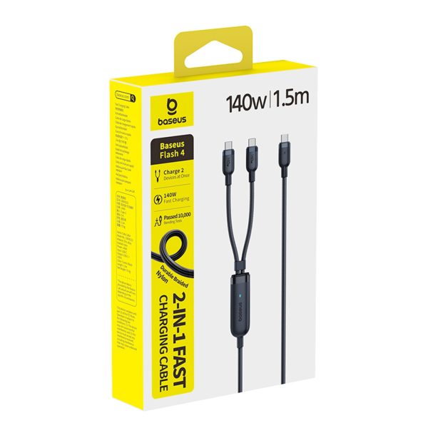 2-in-1 USB-C kabelis - 2x USB-C 140W 1,5 m - melns
