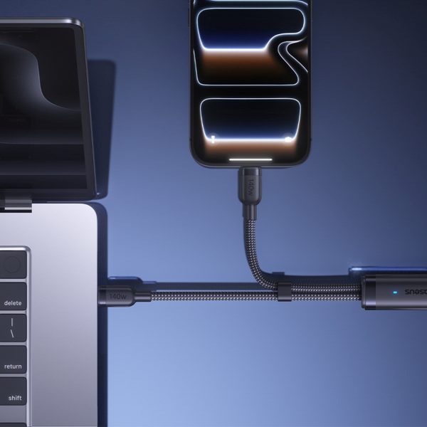 2-in-1 USB-C kabelis - 2x USB-C 140W 1,5 m - melns